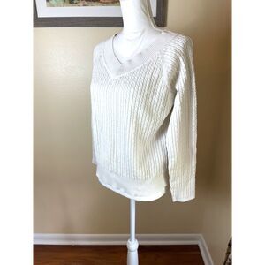 VTG Talbots Womens White Cable Knit V Neck Sweater Sz XL Classic Preppy Coastal